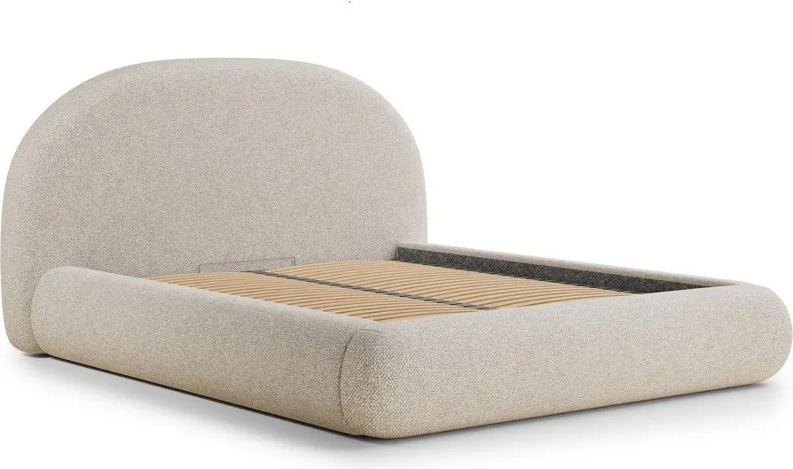 Pat matrimonial crem tapițat cu spațiu de depozitare cu somieră 160x200 cm Maumere – Maison de Rêve