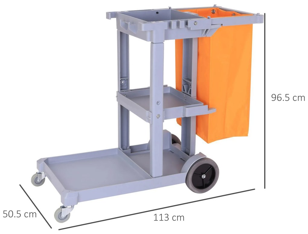 HOMCOM Cărucior pentru Curățenie cu 3 Rafturi, Cârlige pentru Mături, 4 Roți și Sac de 100L,121x50,5x96,5 cm, Portocaliu | Aosom Romania