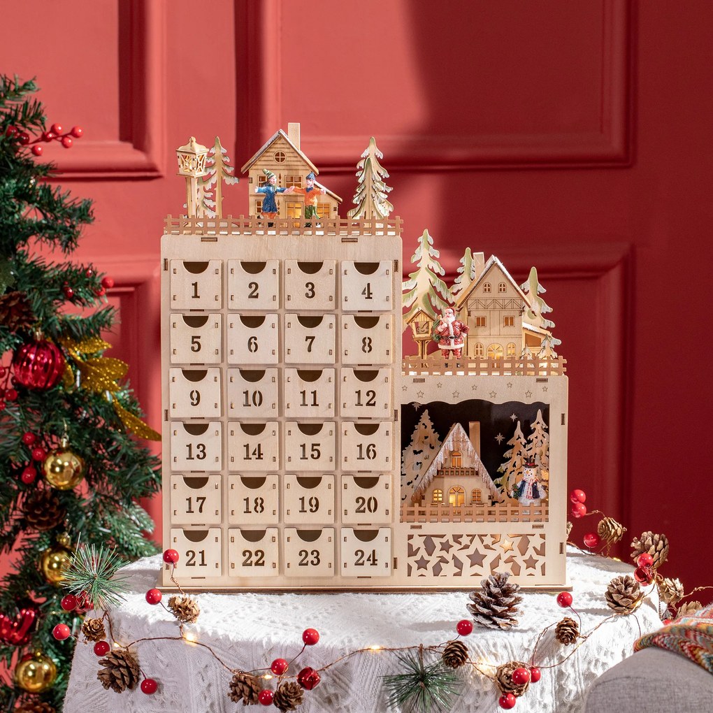 Calendar Advent de Craciun din lemn, cu lumini LED, pentru copii si adulti, natural HOMCOM | Aosom Romania