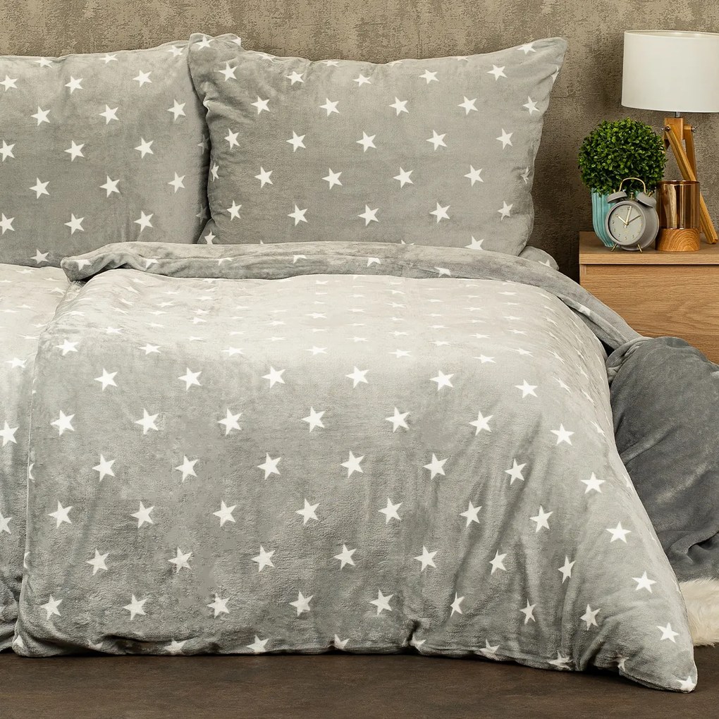 Lenjerie de pat microflanel 4Home Stars gri , 140x 200 cm, 70 x 90 cm