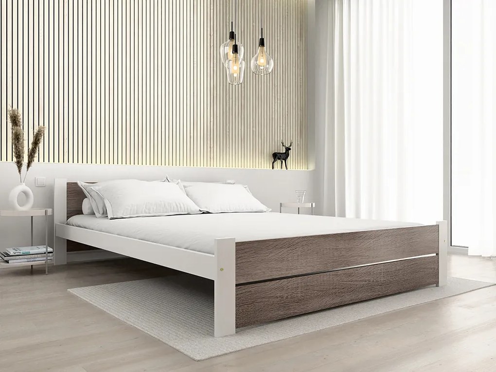 Pat dublu Culoare alb/stejar trufa, IKAROS DOUBLE 180 x 200 cm Saltele: Cu saltele Coco Maxi 20 cm, Somiera pat: Cu lamele curbate