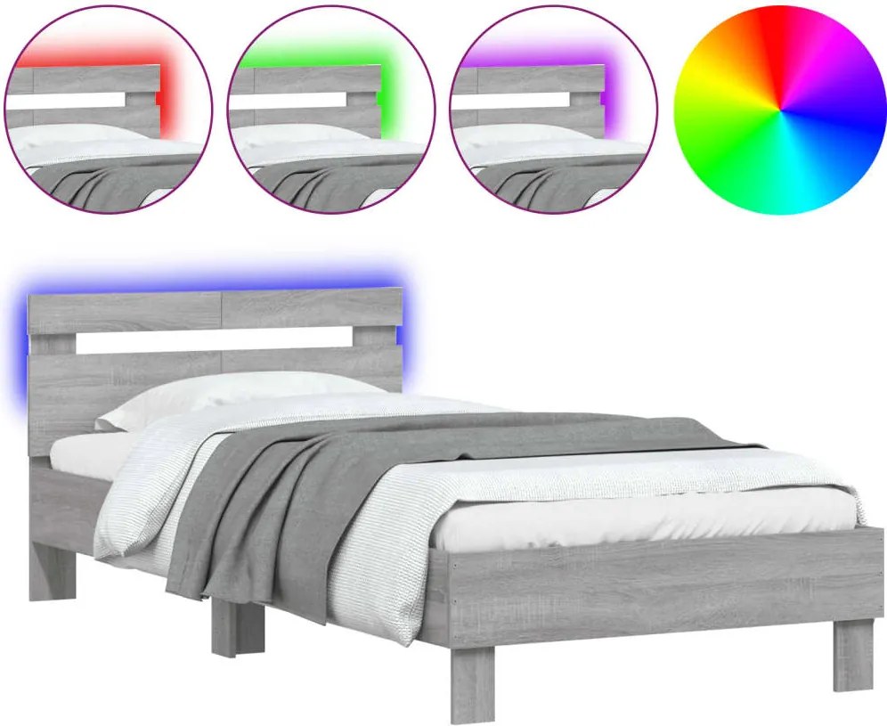 vidaXL Cadru de pat cu tăblie și lumini LED, gri sonoma, 100x200 cm