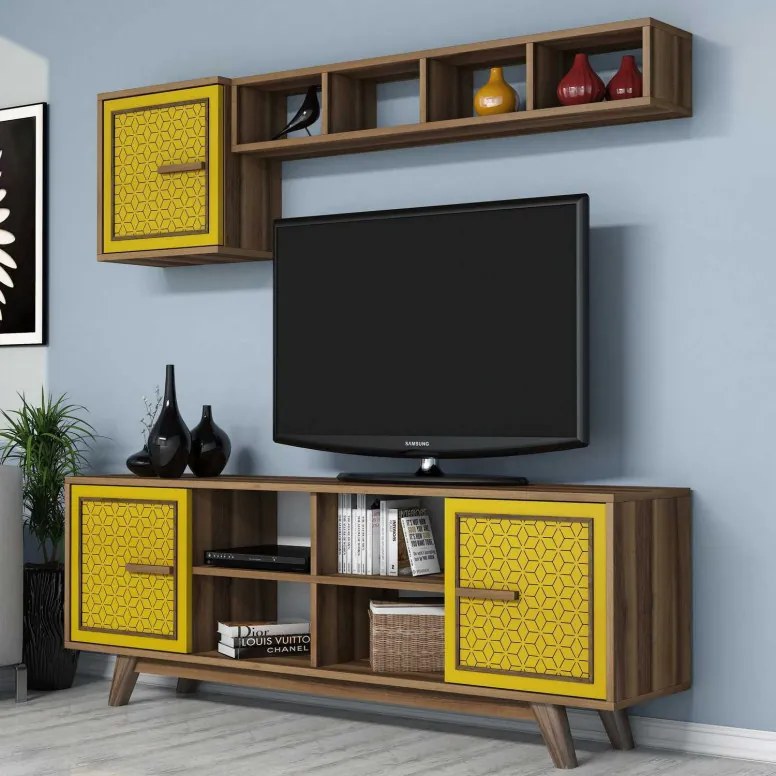 Comoda TV Ayla - Walnut, Yellow