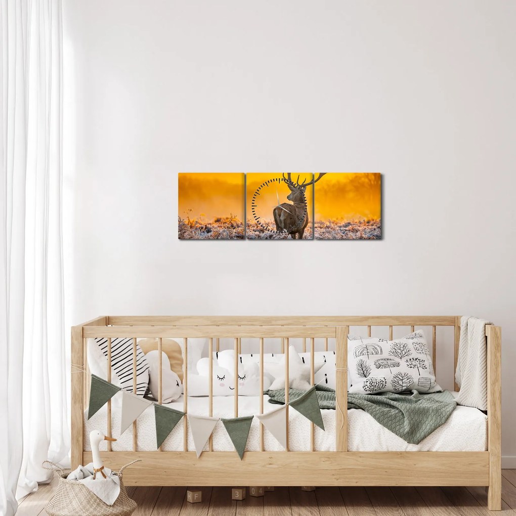 Tablou - Cerb la răsăritul soarelui (cu ceas) (90x30 cm)