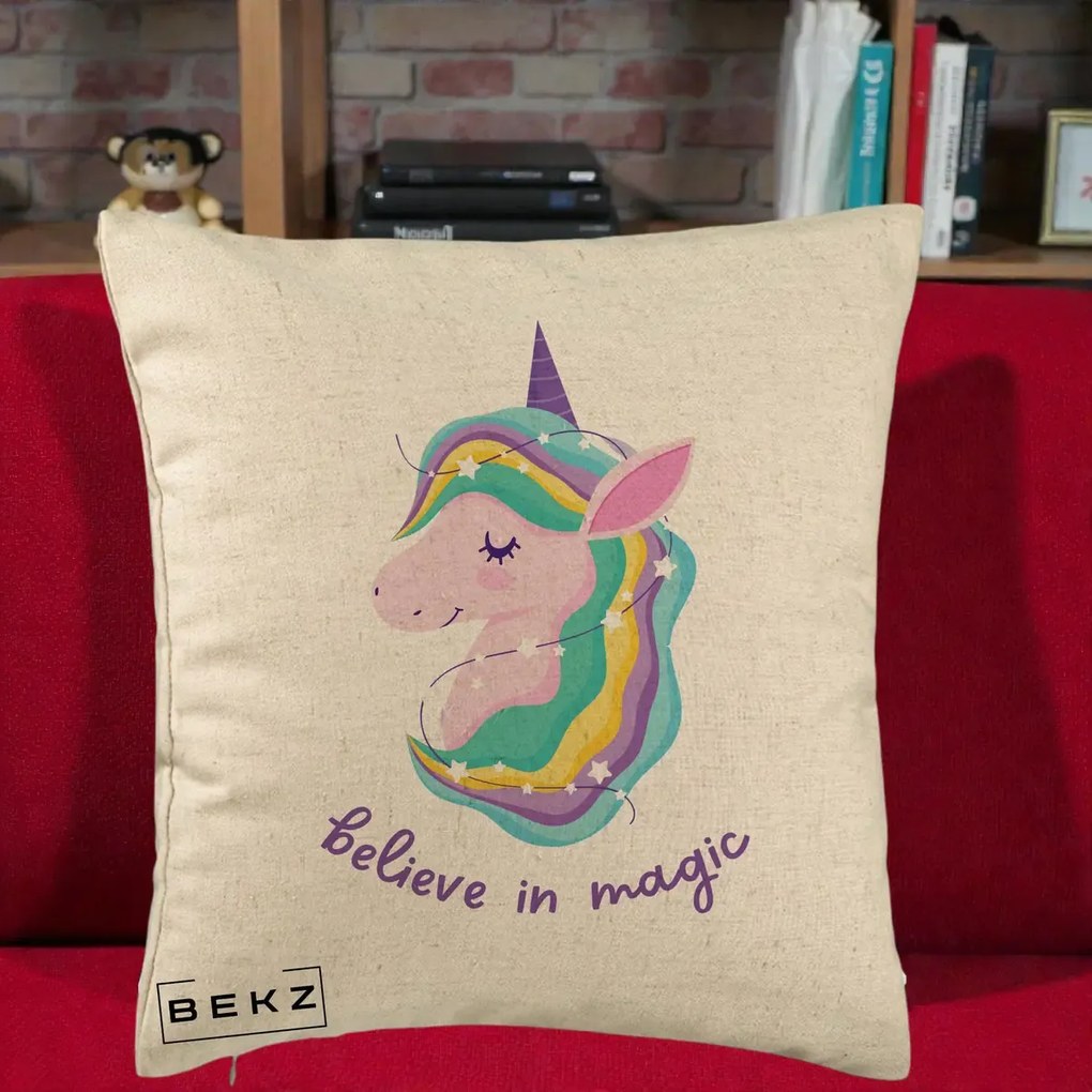 Perna Decorativa Unicorn Believe in Magic, 40x40 cm, Bej, Husa Detasabila, Perna Inclusa, BEKZ®