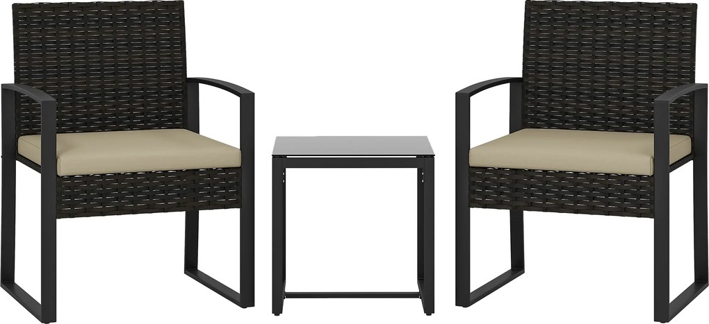 Outsunny Set de grădină din ratan PE pentru 2 persoane, masă de grădină cu 2 scaune, blat din sticlă securizată, maro | Aosom Romania