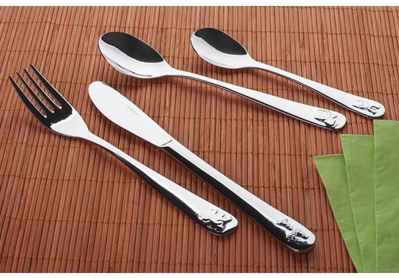 Set de tacamuri pentru copii KIngHoff KH 3586, 4 piese, Lucios, Otel Inoxidabil, Decoratie Animale