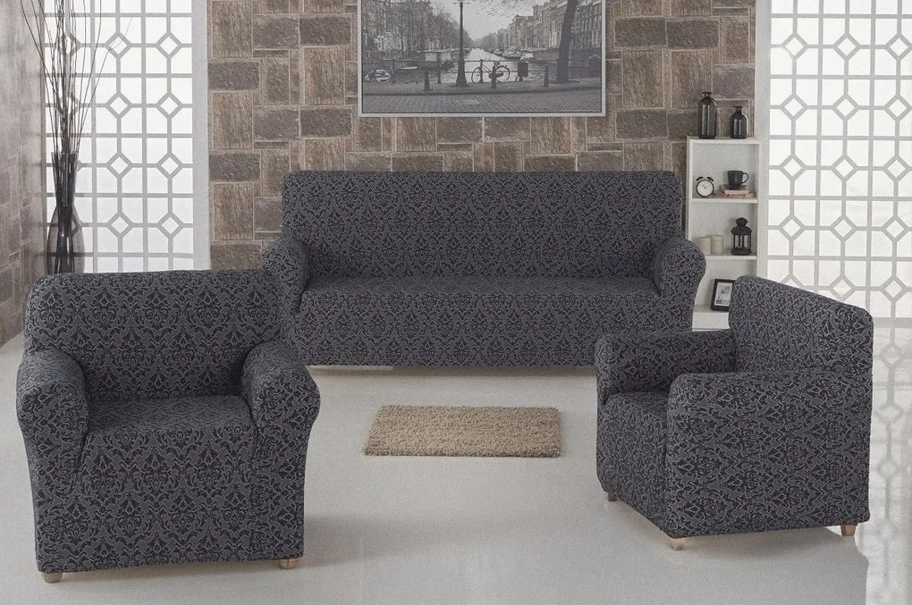 Set huse elastice pentru canapea 3 Locuri si 2 fotolii, fara volanas, model Jacquard Cenusiu
