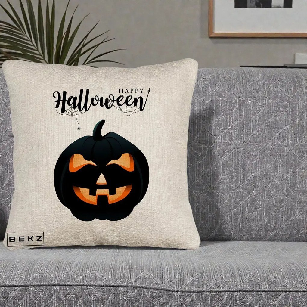 Perna Decorativa Happy Halloween Dovleac Negru cu Paianjen, 40x40 cm, Bej Canapea, Husa Detasabila, Perna Inclusa, BEKZ®