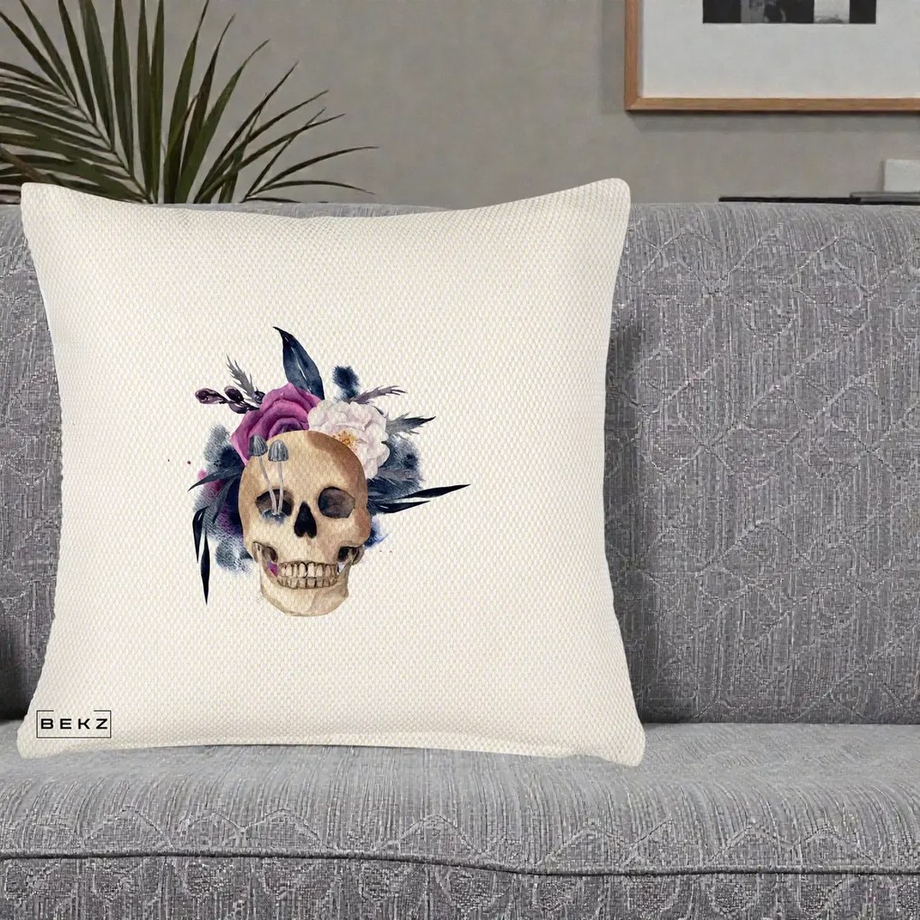 Perna Decorativa Craniu Floral cu Trandafiri si Ciuperci, 40x40 cm, Crem Reliefat, Husa Detasabila, Perna Inclusa, BEKZ®
