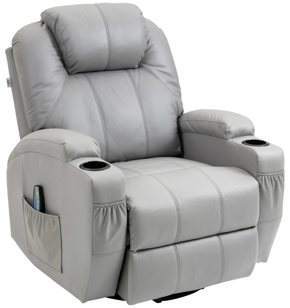 HOMCOM Fotoliu de Masaj și Reclinabil cu Suport pentru Picioare din Piele PU Gri | Aosom Romania