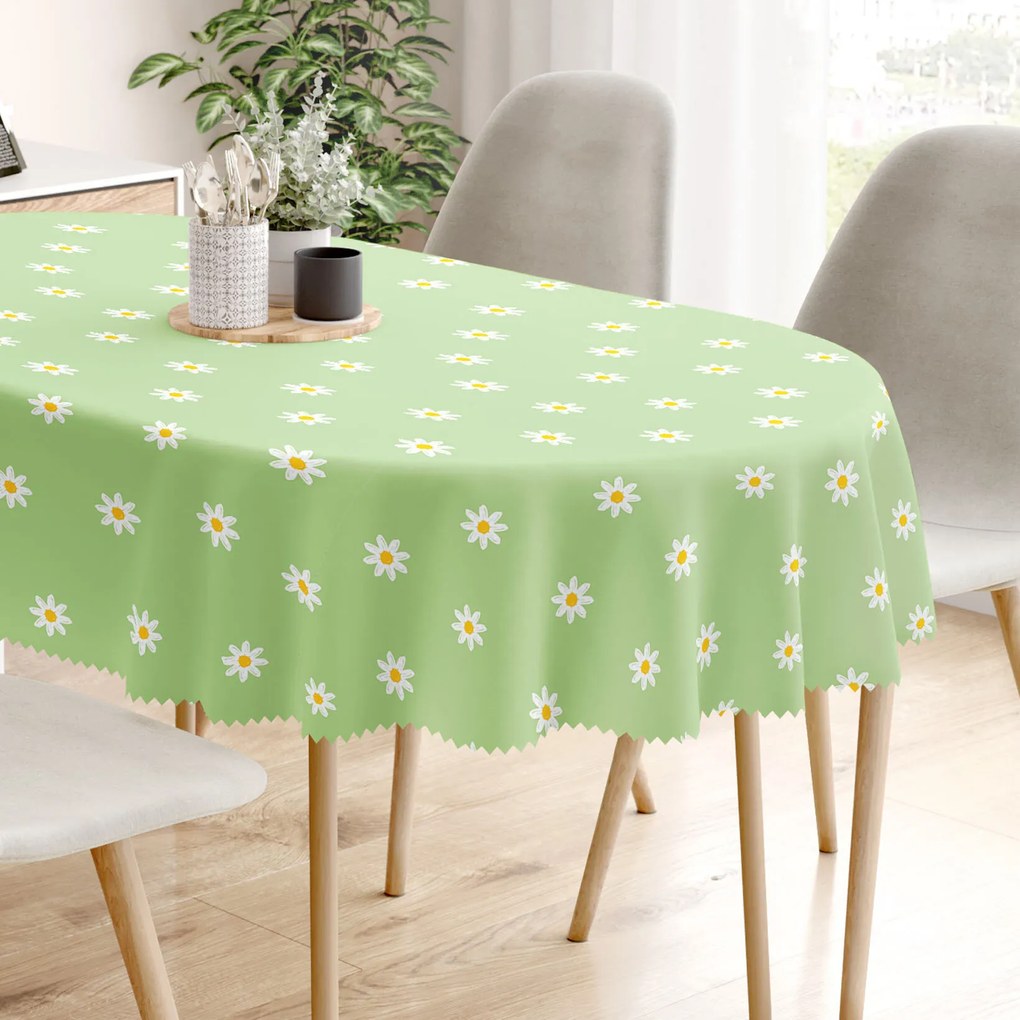 Goldea față de masă teflonată - margarete pe verde - ovală 140 x 280 cm