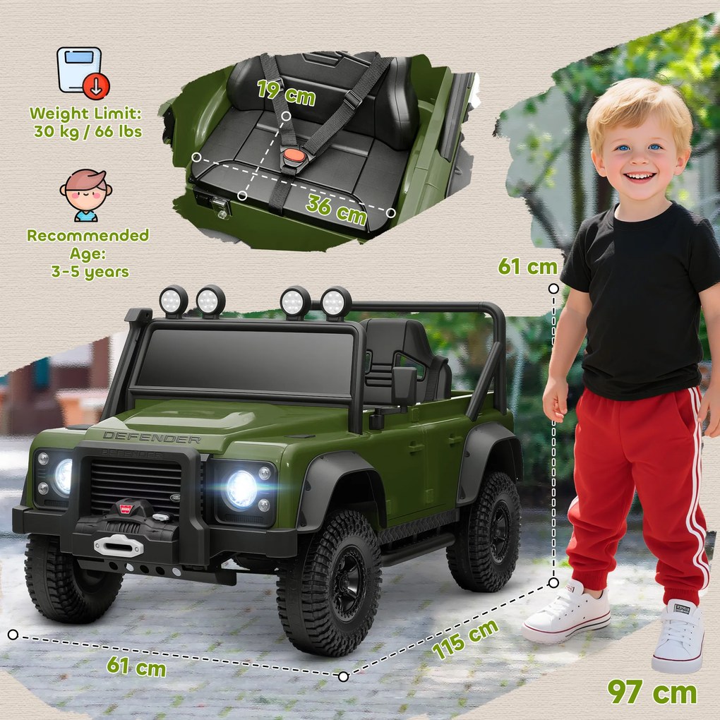 AIYAPLAY Mașină Electrică pentru Copii 3-5 Ani Land Rover 12V și Telecomandă Verde | Aosom Romania