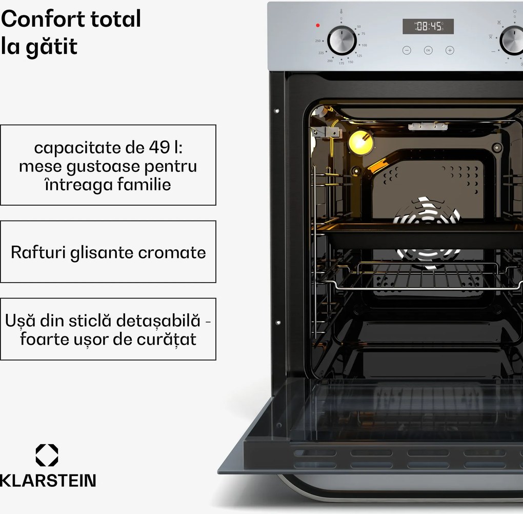 Klarstein Cuptor SmartSlim, Design subțire, 9 funcții, volum 49 l, curățare ușoară, EEK A