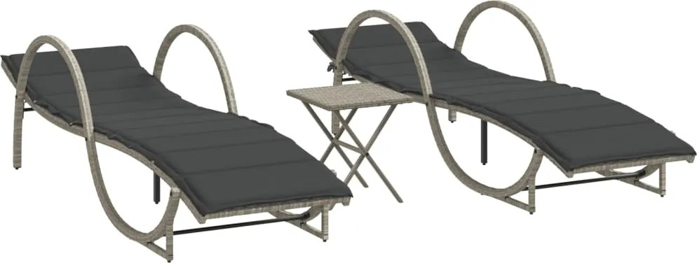 vidaXL Șezlonguri, 2 buc., cu masă, gri deschis, poliratan