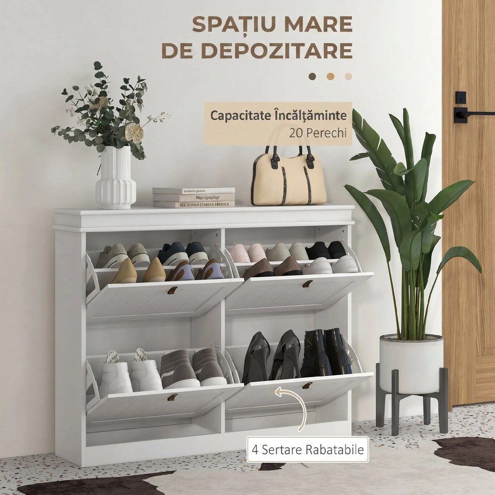 HOMCOM Pantofar Slim cu 4 Uși Rabatabile, Rafturi Reglabile, pentru 10-20 Perechi, Alb | Aosom Romania