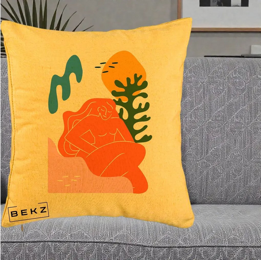 Perna Decorativa Femeie Portocalie Relaxata, 40x40 cm, Galben, Husa Detasabila, Perna Inclusa, BEKZ®