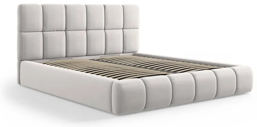 Pat matrimonial gri deschis tapițat din catifea cu spațiu de depozitare cu somieră 200x200 cm Bellis – Micadoni