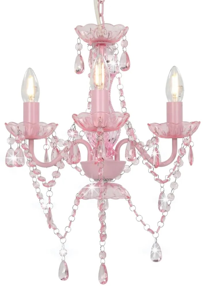vidaXL Candelabru cu mărgele, roz, rotund, 3 becuri E14