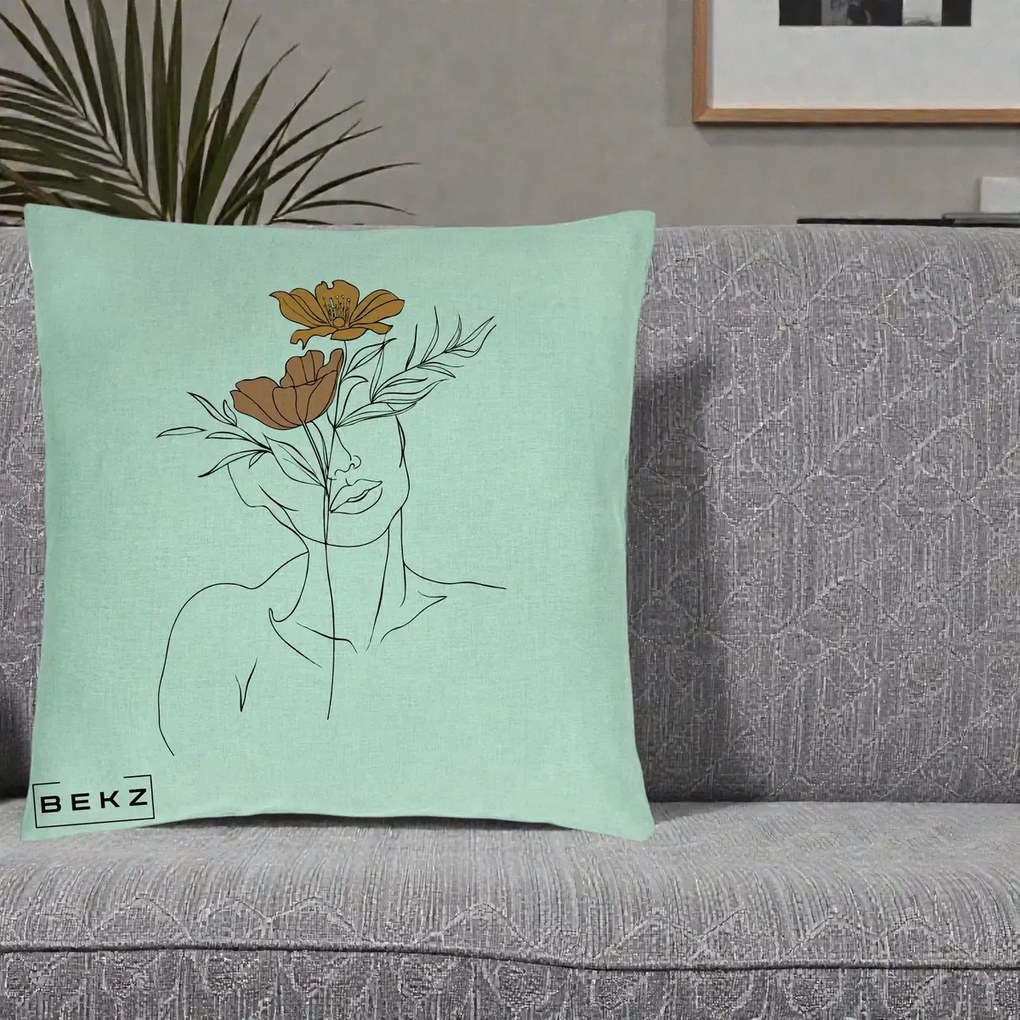 Perna Decorativa Portret Feminin Doua Flori, 40x40 cm, Verde Menta, Husa Detasabila, Perna Inclusa, BEKZ®