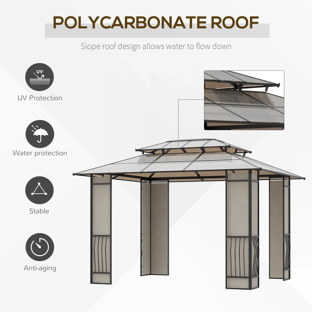 Outsunny Pavilion de Grădină, Pergolă cu Acoperiș Rigid din Policarbonat și Cadru Metalic, cu Acoperiș Dublu, 3.65x3x2.75 m, Maro | Aosom Romania