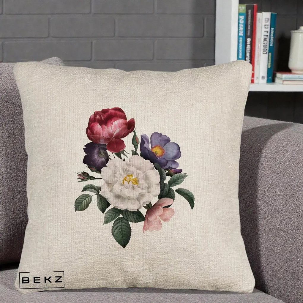 Perna Decorativa Buchet Trandafiri Bujori Botanical, 40x40 cm, Bej Canapea, Husa Detasabila, Perna Inclusa, BEKZ®
