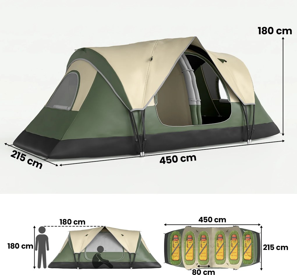 Outsunny Cort de Camping pentru 6-8 Persoane cu 2 Camere Separate și Uși cu Fermoar, 450x215x180 cm, Verde | Aosom Romania