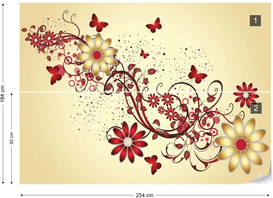 GLIX Fototapet - Modern Design Red And Yellow Flowers And Butterflies Vliesová tapeta  - 254x184 cm