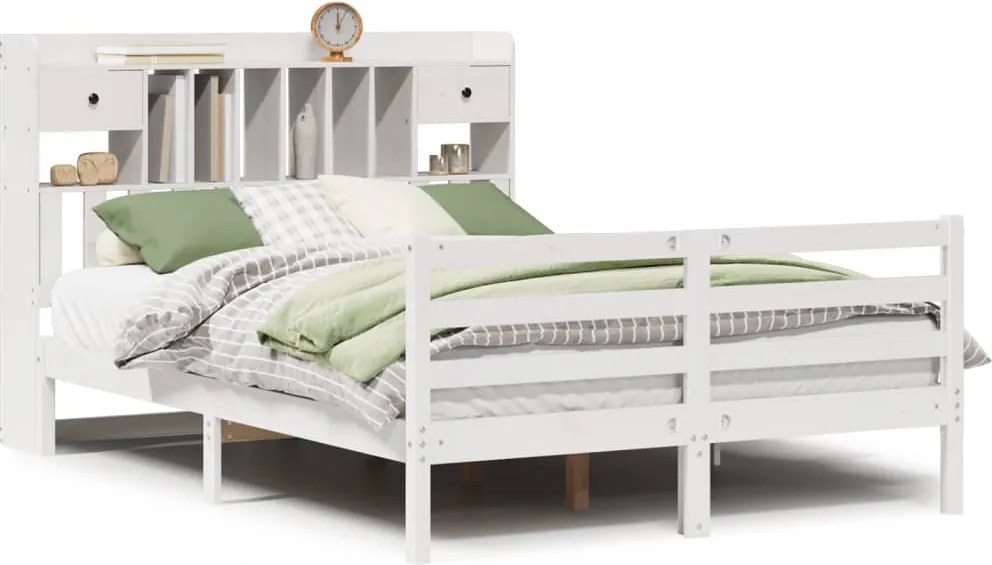 vidaXL Pat cu bibliotecă fără saltea, alb, 160x200 cm, lemn masiv pin