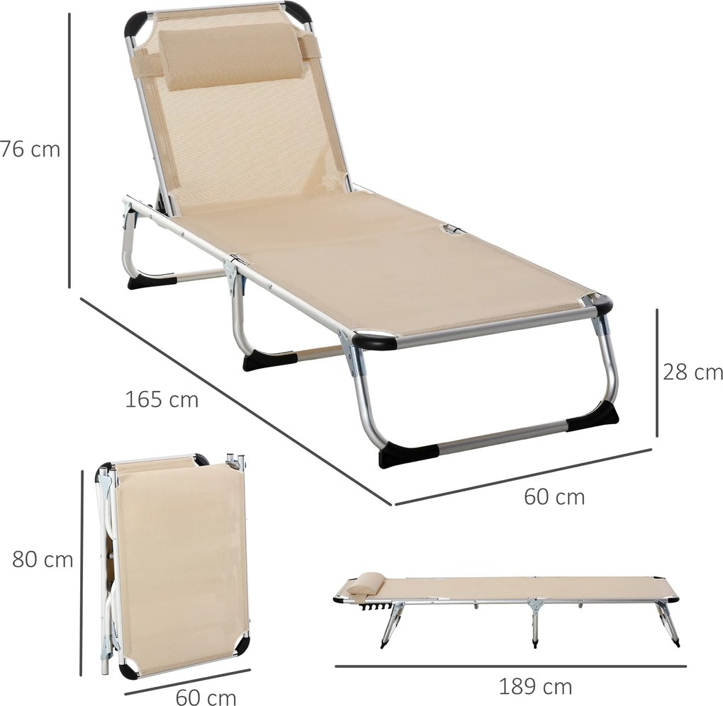 Outsunny Șezlong de plajă, Pliabil cu suport pentru cap, spătar reglabil, aluminiu și textilene, bej | Aosom Romania