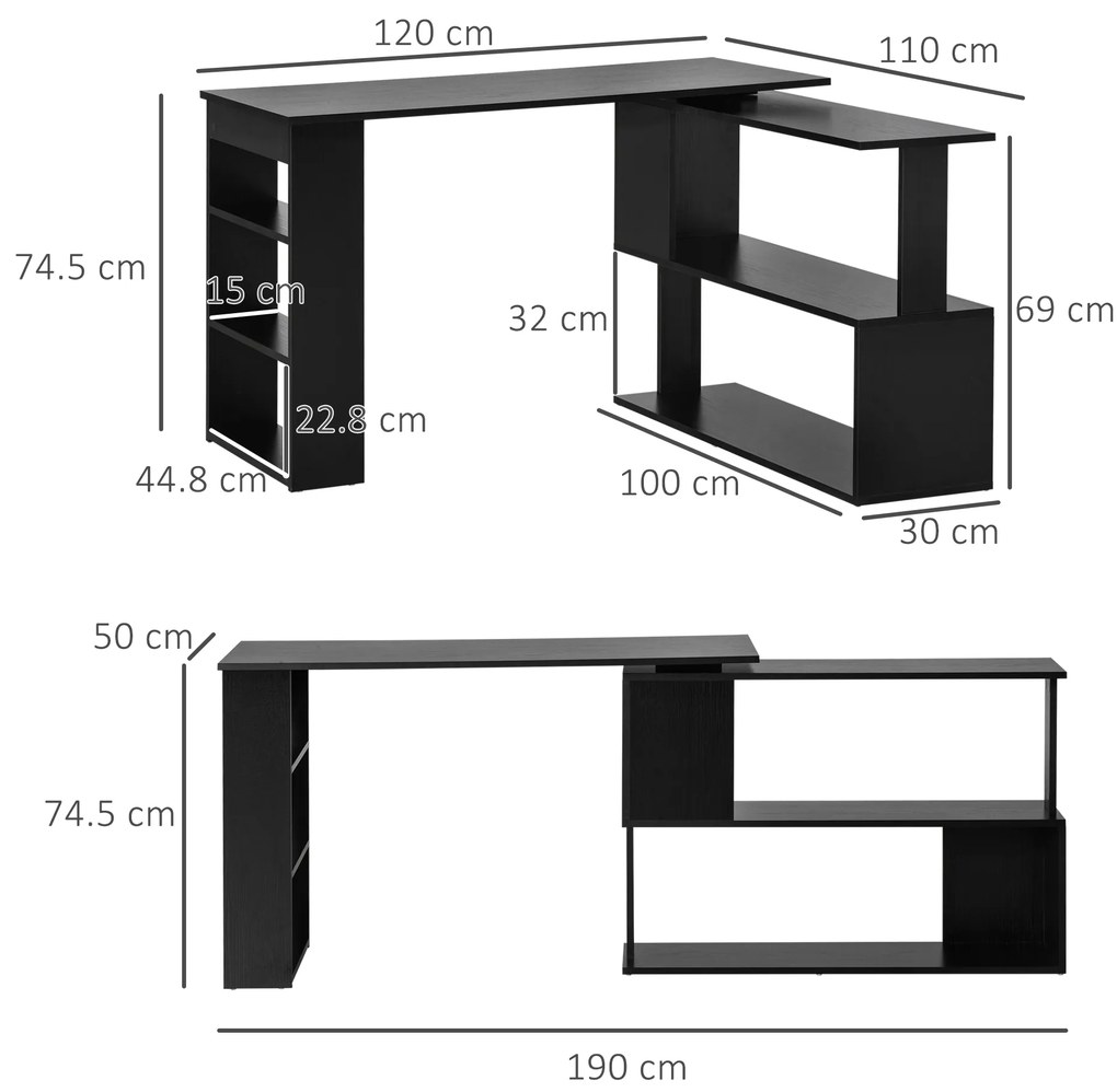 HOMCOM Birou pentru Calculator de Colț cu Design Rotativ în Formă de L și 5 Rafturi, 120x110x74.5 cm, Negru | Aosom Romania