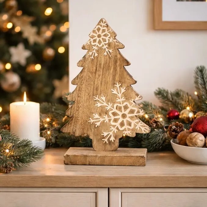 Decorațiune din lemn de mango 4Home Snowflake Tree, 33 cm