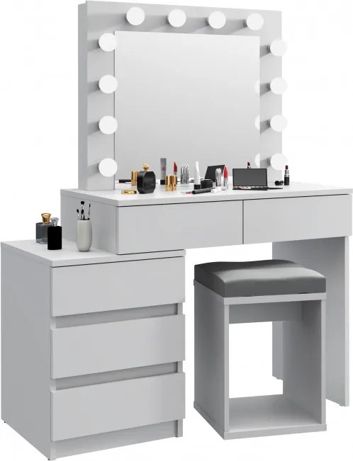 Masuta machiaj cu Oglinda LED si 5 Sertare pentru Cosmetice, Set Masa toaleta 112 cm, Alb, masuta cosmetica, vanity - SEA539
