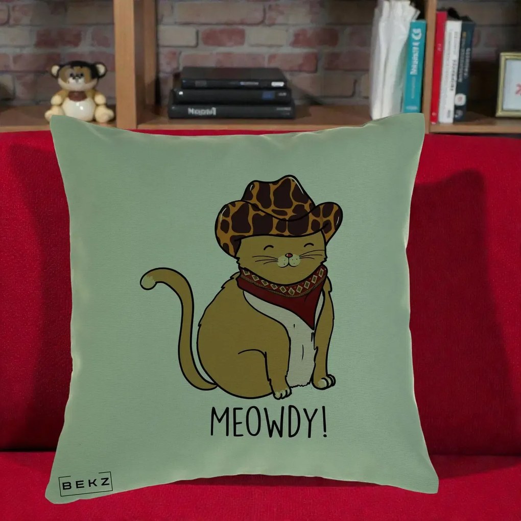 Perna Decorativa Pisica Cowboy Meowdy, 40x40 cm, Verde, Husa Detasabila, Perna Inclusa, BEKZ®