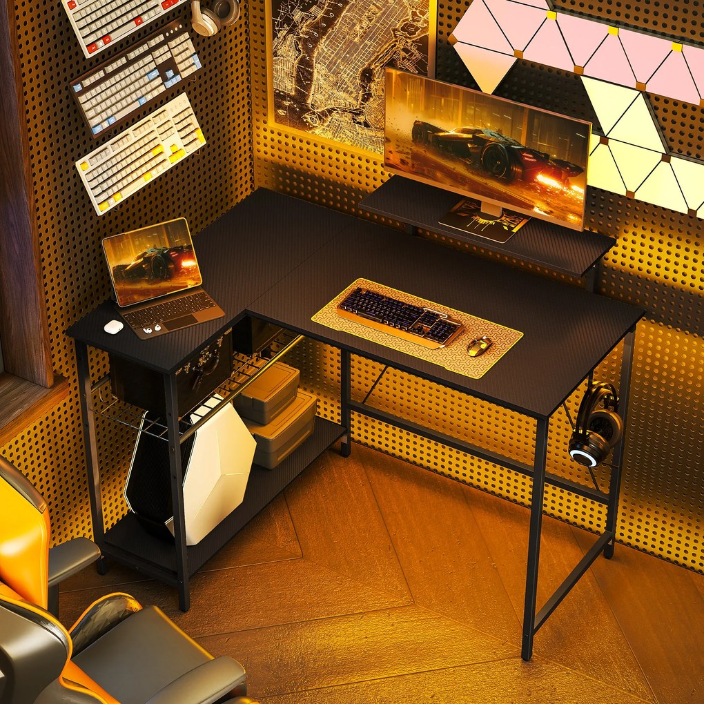 HOMCOM Birou gaming reversibil, birou de colț, suport pentru monitor, etajeră din plasă reglabilă, 114,5x82x91,5cm, negru | Aosom Romania