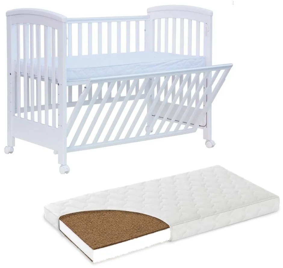 Patut co-sleeping 120x60 cu laterala culisanta total si roti Treppy Dreamy Plus, integral din lemn masiv fag, reglabil pe 5 nivele, include sistem de ancorare, certificat TUV, EN716-1, EN716-2, culoare alb + saltea cocos lux 9 cm