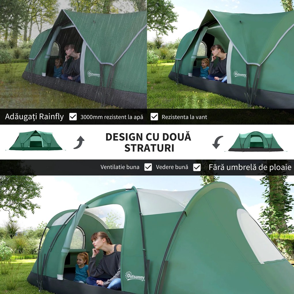 Outsunny Cort de Camping pentru 4 Persoane Impermeabil cu Protecție UV, Ferestre și Stâlpi, 4.55x2.3x1.8 m, Verde | Aosom Romania