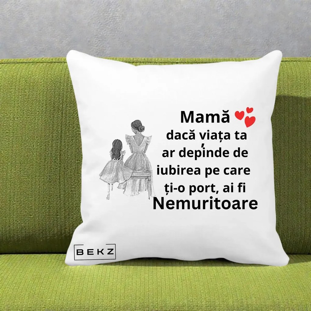 Cadou pentru Mama - Perna Personalizata Mama Nemuritoare Line Art, 40x40 cm, Alba Mata, Husa Detasabila, Perna Inclusa, BEKZ®