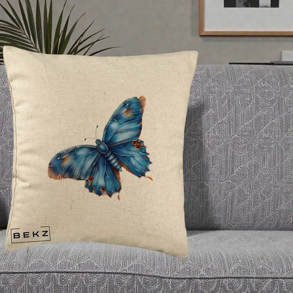 Perna Decorativa Fluture Albastru Satin cu Pete Aurii, 40x40 cm, Bej, Husa Detasabila, Perna Inclusa, BEKZ®
