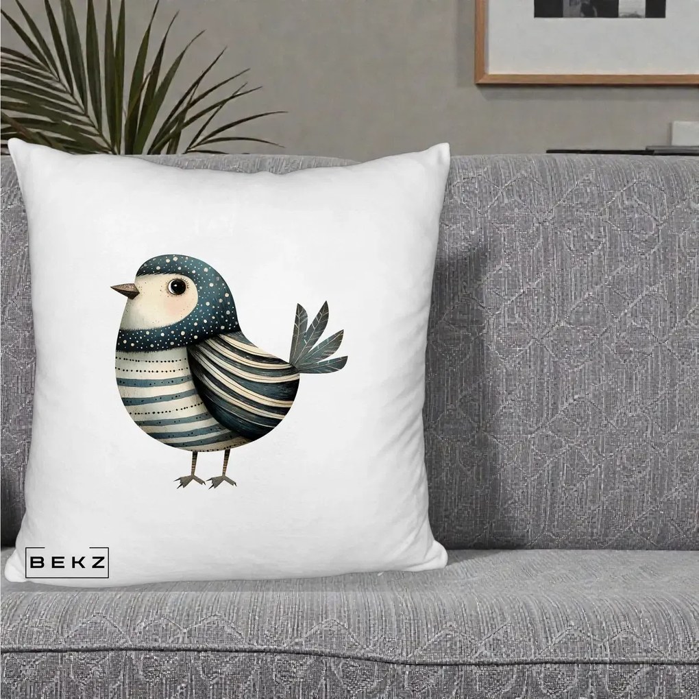 Perna Decorativa Pasare Teal Decorativa Dungata, 40x40 cm, Alb Pufos, Husa Detasabila, Perna Inclusa, BEKZ®