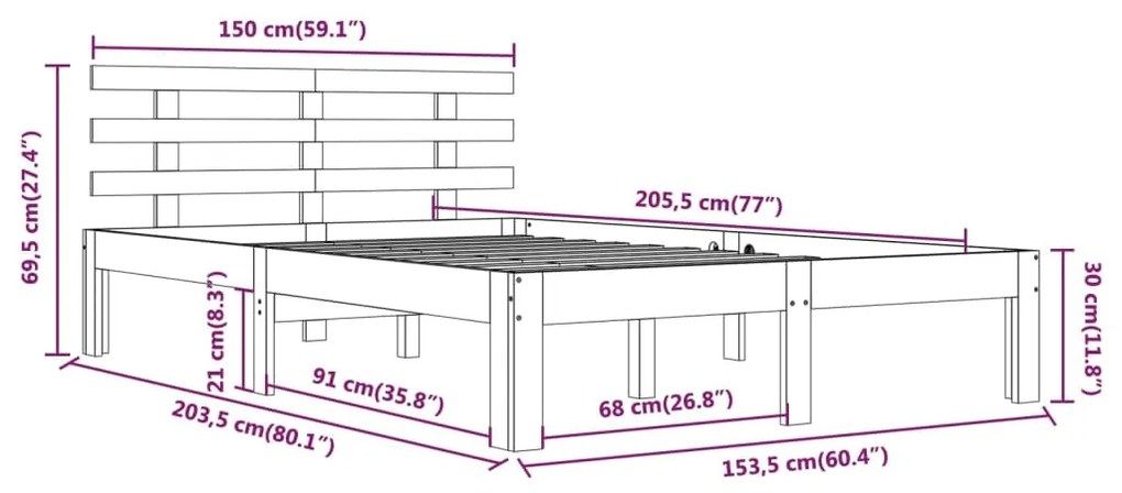 Cadru de pat King Size 5FT, 150x200 cm, negru, lemn masiv Negru, 150 x 200 cm