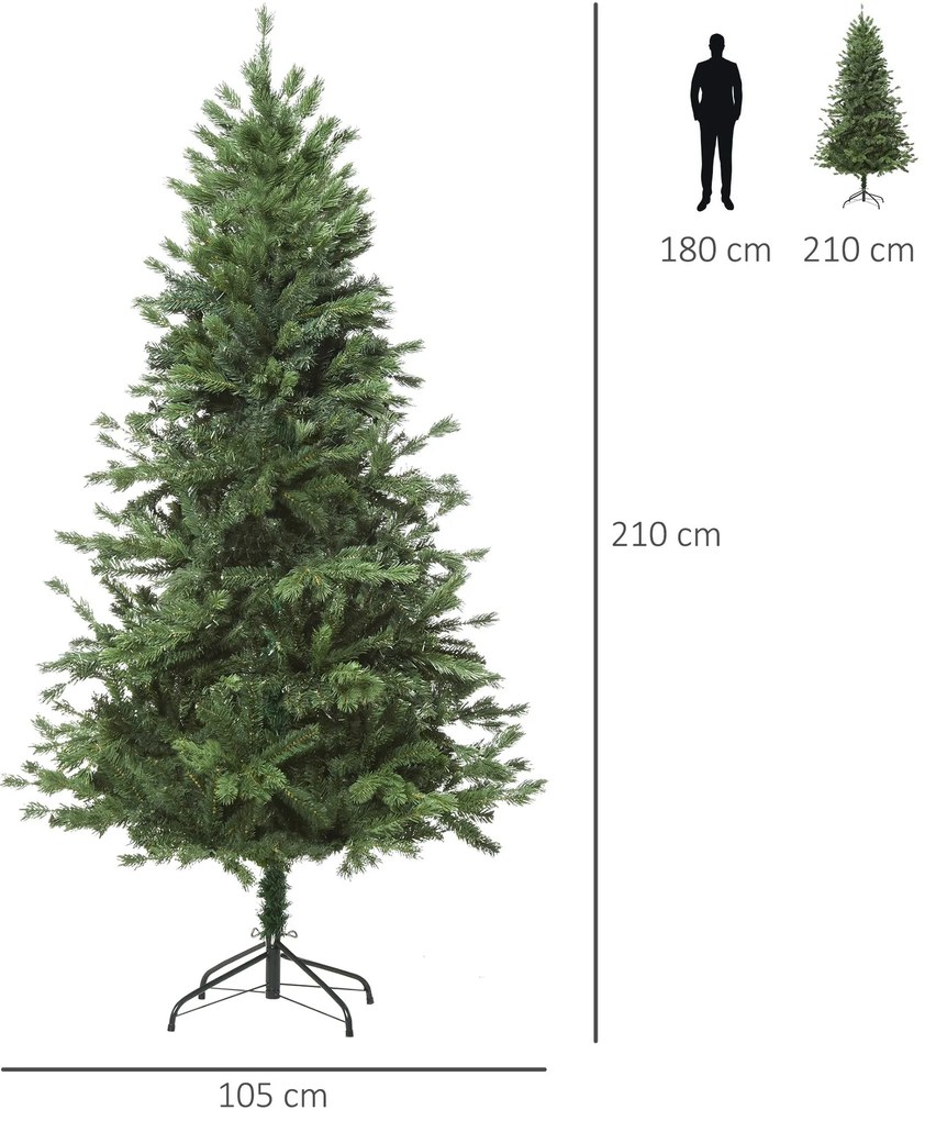 210cm Brad de Craciun, Pin artificial cu ramuri 934 baza pliabila si detasabila, Decoratiune de Craciun HOMCOM | Aosom Romania