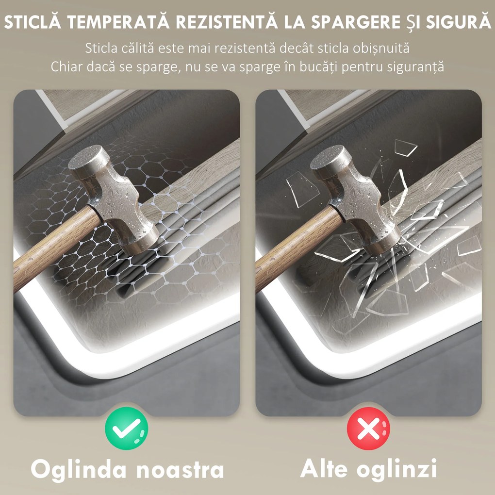 HOMCOM Oglindă de baie LED bluetooth 70 x 90 cm interruptor tactil lumină reglabilă 3 culori anti-abur memorie argintiu | Aosom Romania