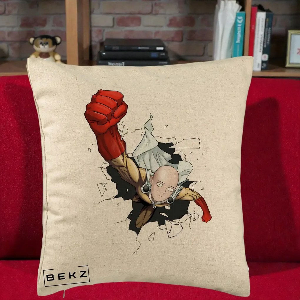 Perna Personalizata One Punch Man Saitama Pumn, 40x40 cm, Bej, Husa Detasabila, Perna Inclusa, BEKZ®
