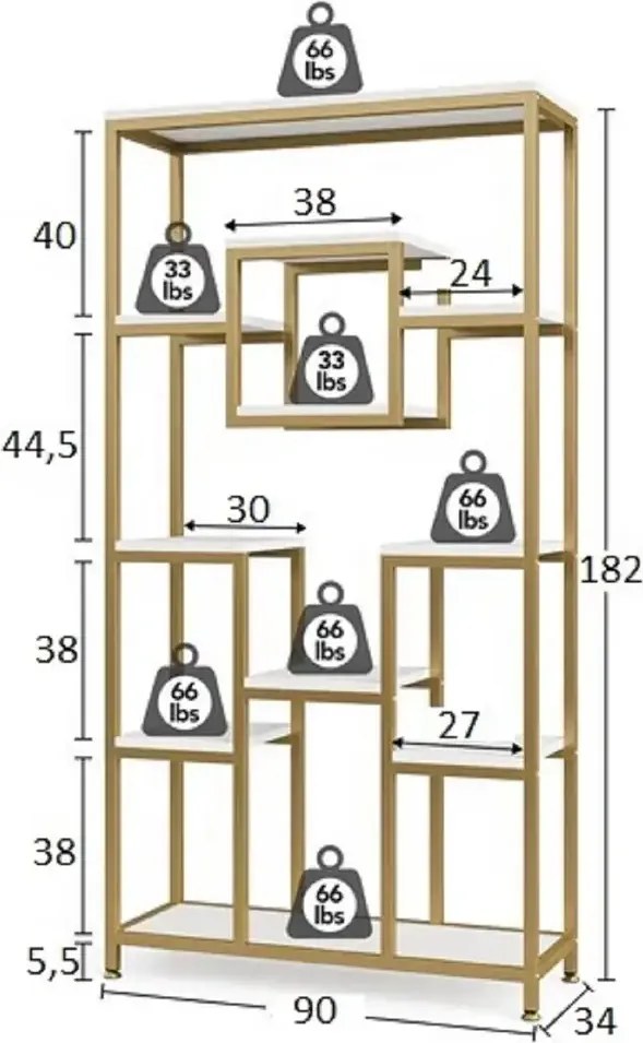 Biblioteca Dani din metal culoare auriu 182 cm