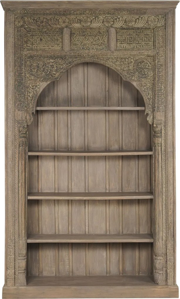 Bibliotecă sculptată din lemn masiv de teak, finisaj natural antichizat, 4 rafturi deschise, piesă unicat, 168×56×272 cm, „Dharma"