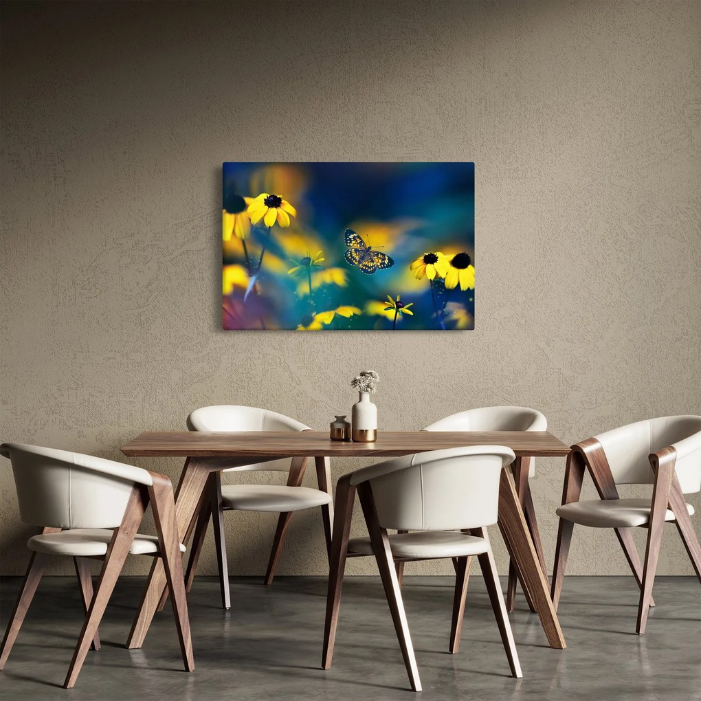 Tablou - Fluture galben și flori (90x60 cm)