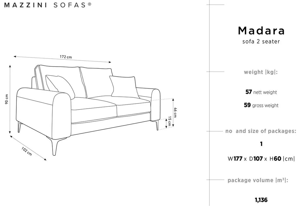 Canapea, Madara, Mazzini Sofas, 2 locuri, gold legs, 172x102x90 cm, catifea, bej