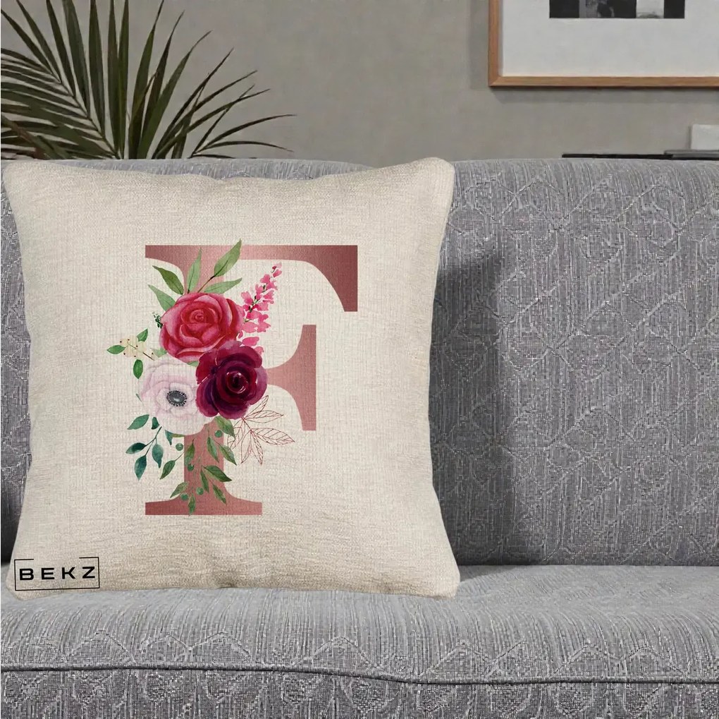 Cadou Personalizat - Perna Personalizata Monograma Rose Gold Litera F, 40x40 cm, Bej Canapea, Husa Detasabila, Perna Inclusa, BEKZ®