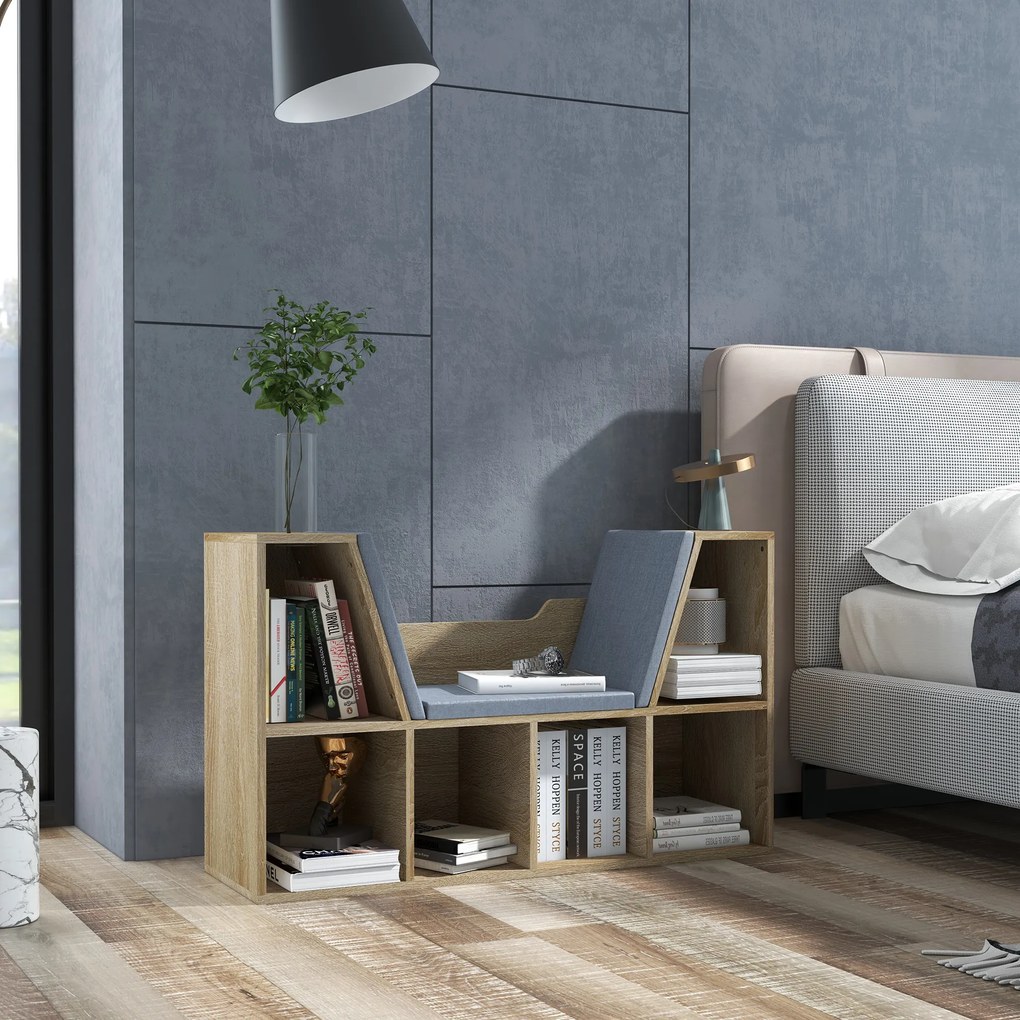 HOMCOM Bibliotecă Banc 2 în 1 Design Contemporan 6 casete 3 Perne Fornisite 102L x 30l x 61A cm Stejar Gri | Aosom Romania